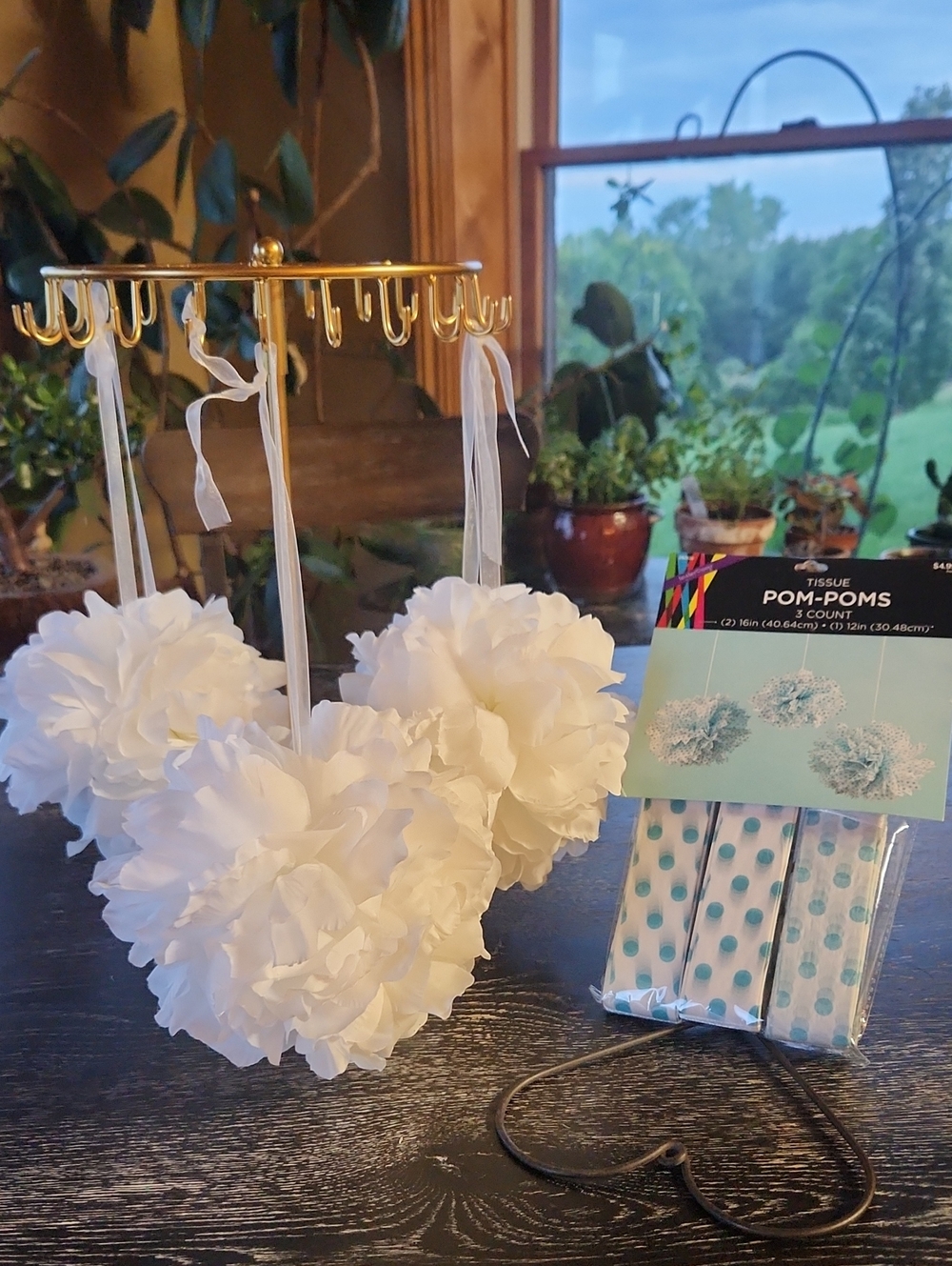 White Nylon & Tissue Pom-Pom Hanging Decorations-Home Party Supplies Set Of Six